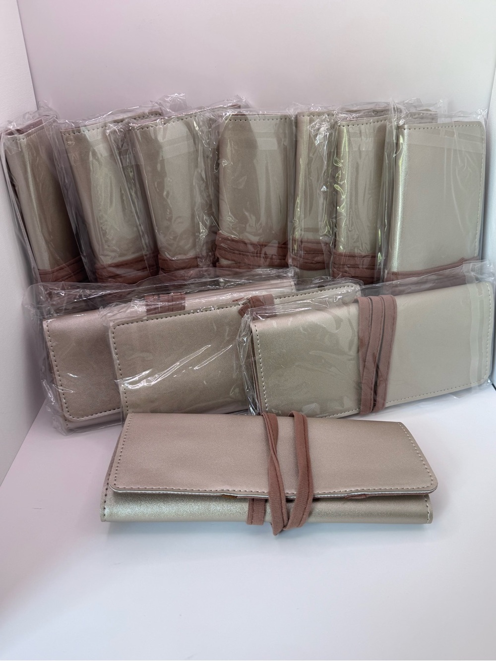 Jewelry roll Women's light metallic brown tan 10 piece set NEW Travel Organizer
